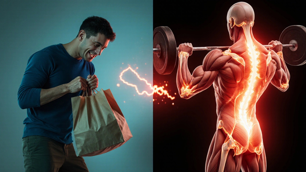 Split image showing the contrast between struggling to lift groceries and deadlifting with strength.