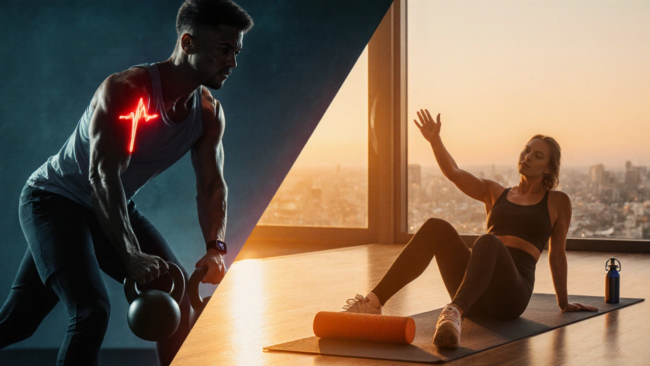 Split-screen showing intense workout on one side and calm stretching on the other.