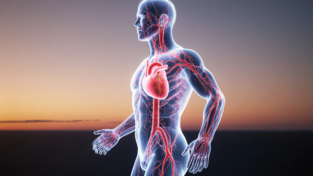 Transparent human body showing enhanced heart, capillaries, and mitochondria during endurance training.