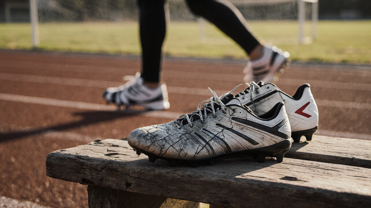 Worn running shoe next to new soccer cleats on a bench, with a figure in wrong shoes stumbling in background.
