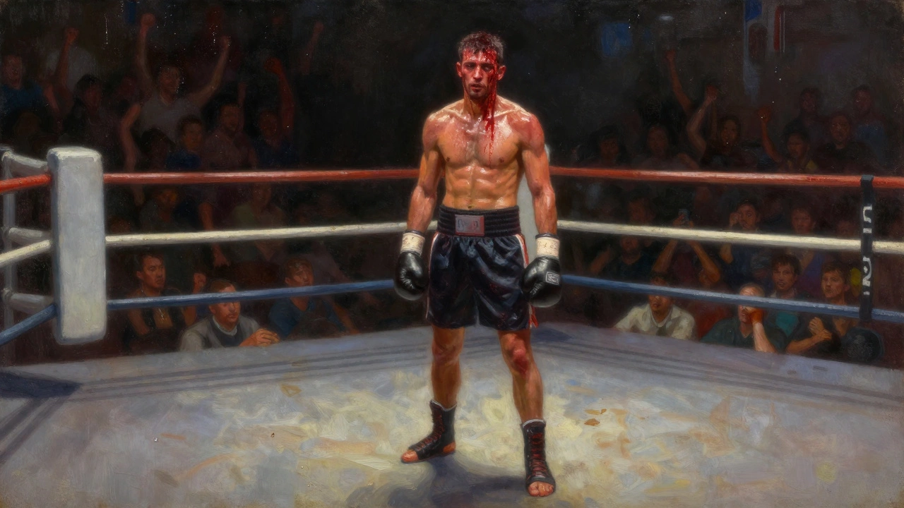 A battered boxer stands victorious in the ring, blood and sweat on his skin, the crowd unseen, only the stained canvas beneath him.