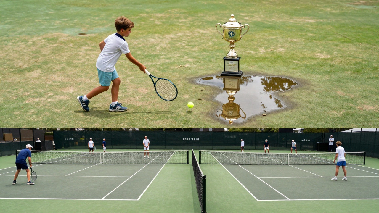A child serving on an Australian hard court, with seniors and juniors playing nearby under summer sun.