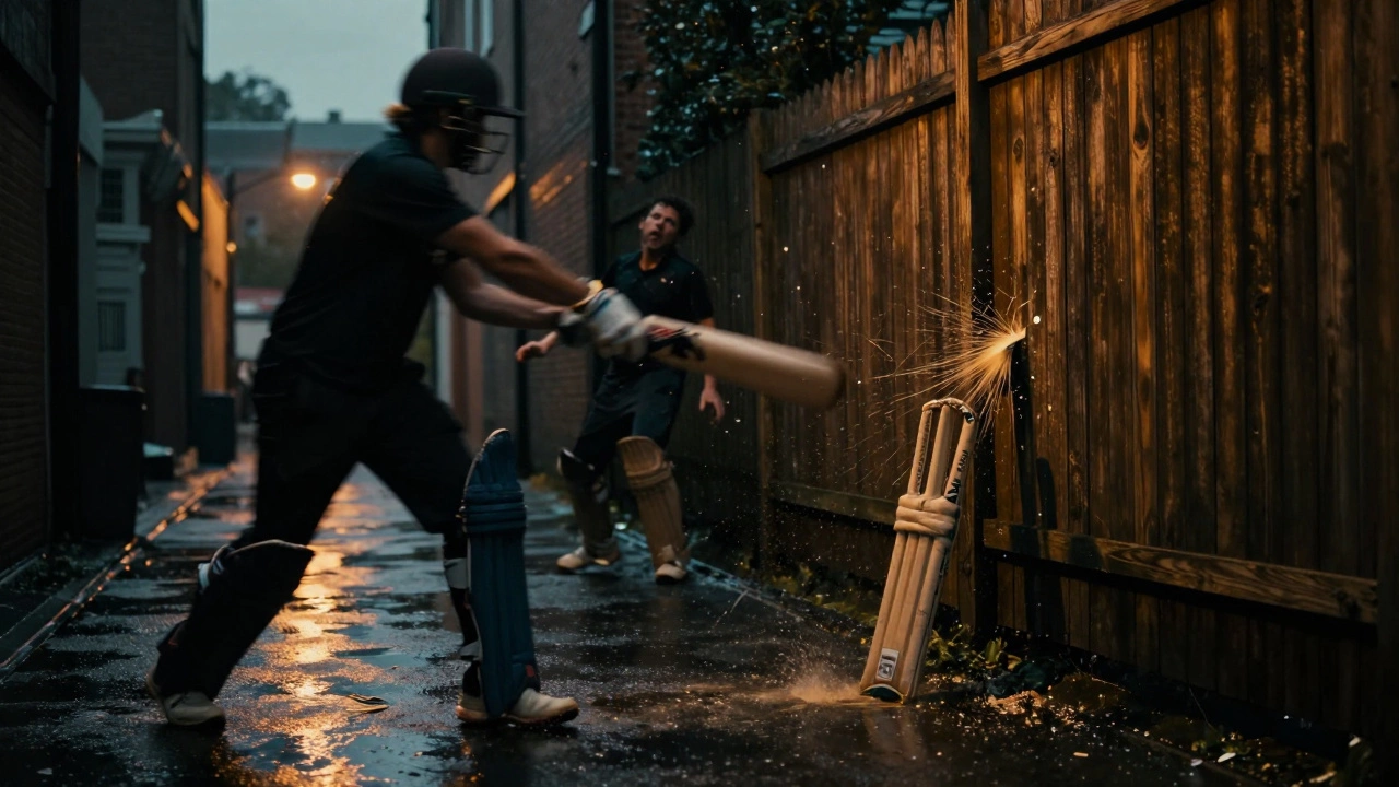 A cricket bat strikes a fence in a dark alley at dusk, splinters flying.