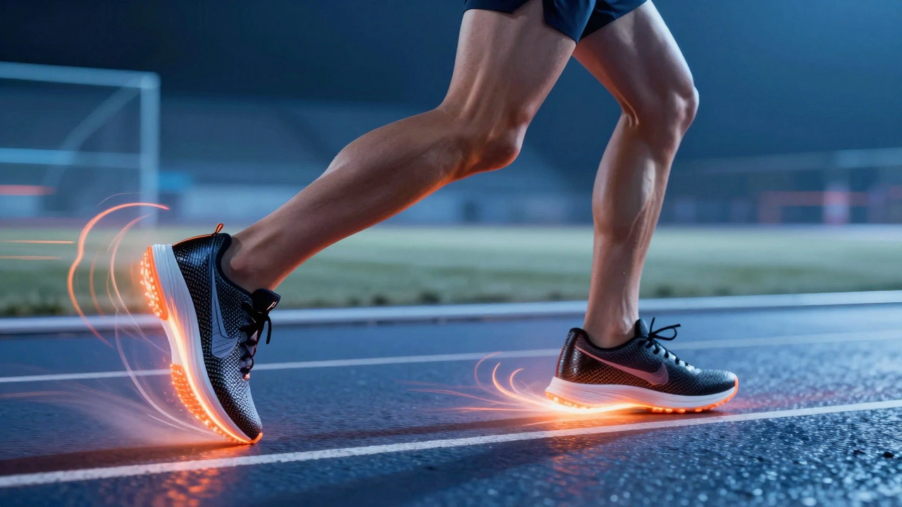 A runner in advanced carbon-fiber shoes with energy waves radiating from their soles during a stride.