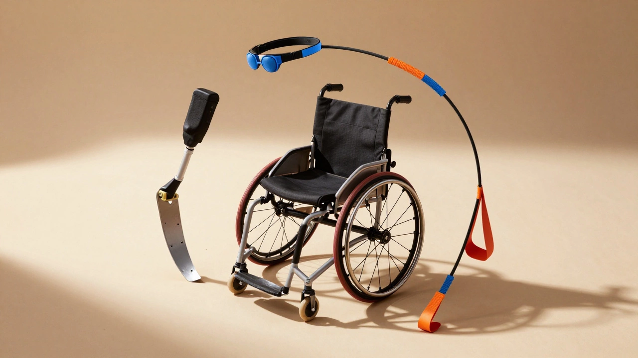 Adaptive sports equipment including a wheelchair basketball chair, prosthetic blade, and hearing headband arranged in a circle.