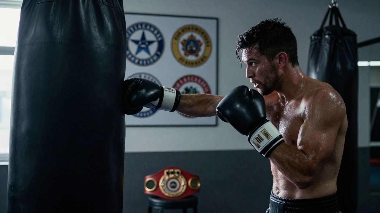 Boxer training alone at dawn, staring at sanctioning body logos on a wall.