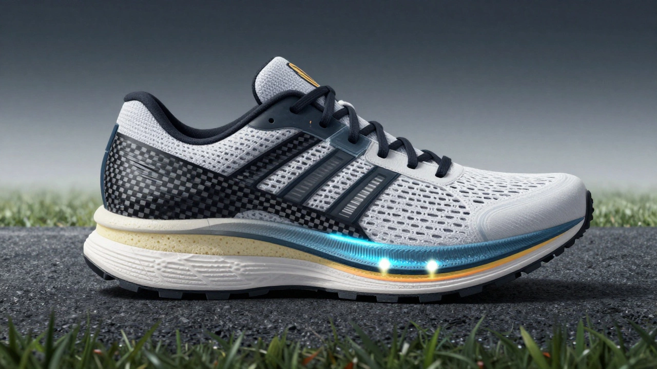 Cross-section of a running shoe revealing engineered layers for support and cushioning.