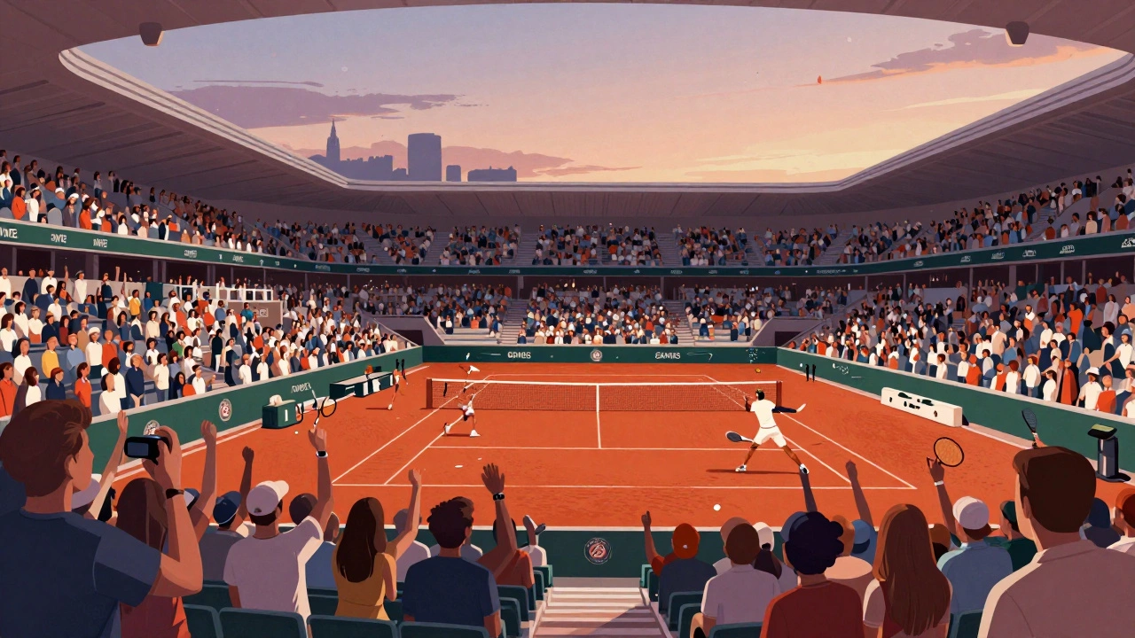 Crowds cheering at Roland Garros during the French Open, players in action on red clay.