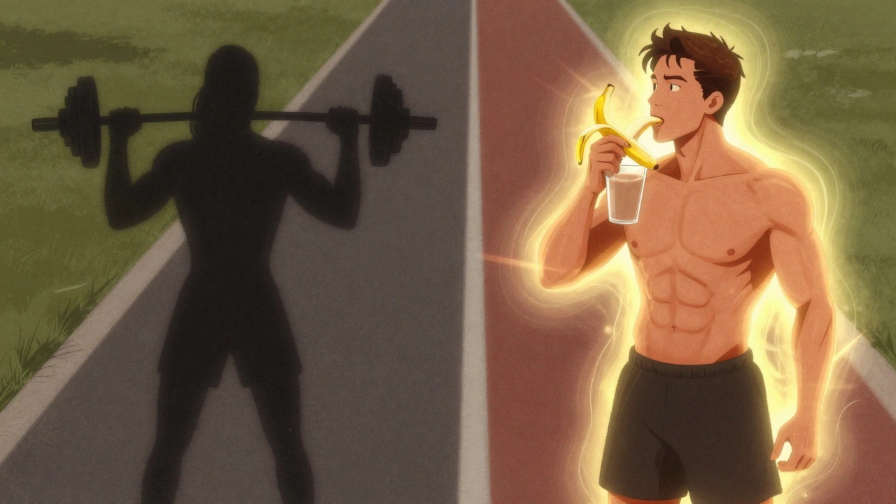 Dual-path illustration showing depleted vs energized workout states.