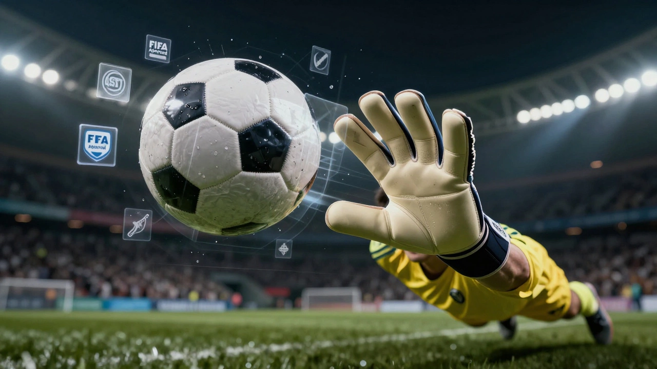 Goalkeeper catching a soccer ball with visible design features and certification marks.