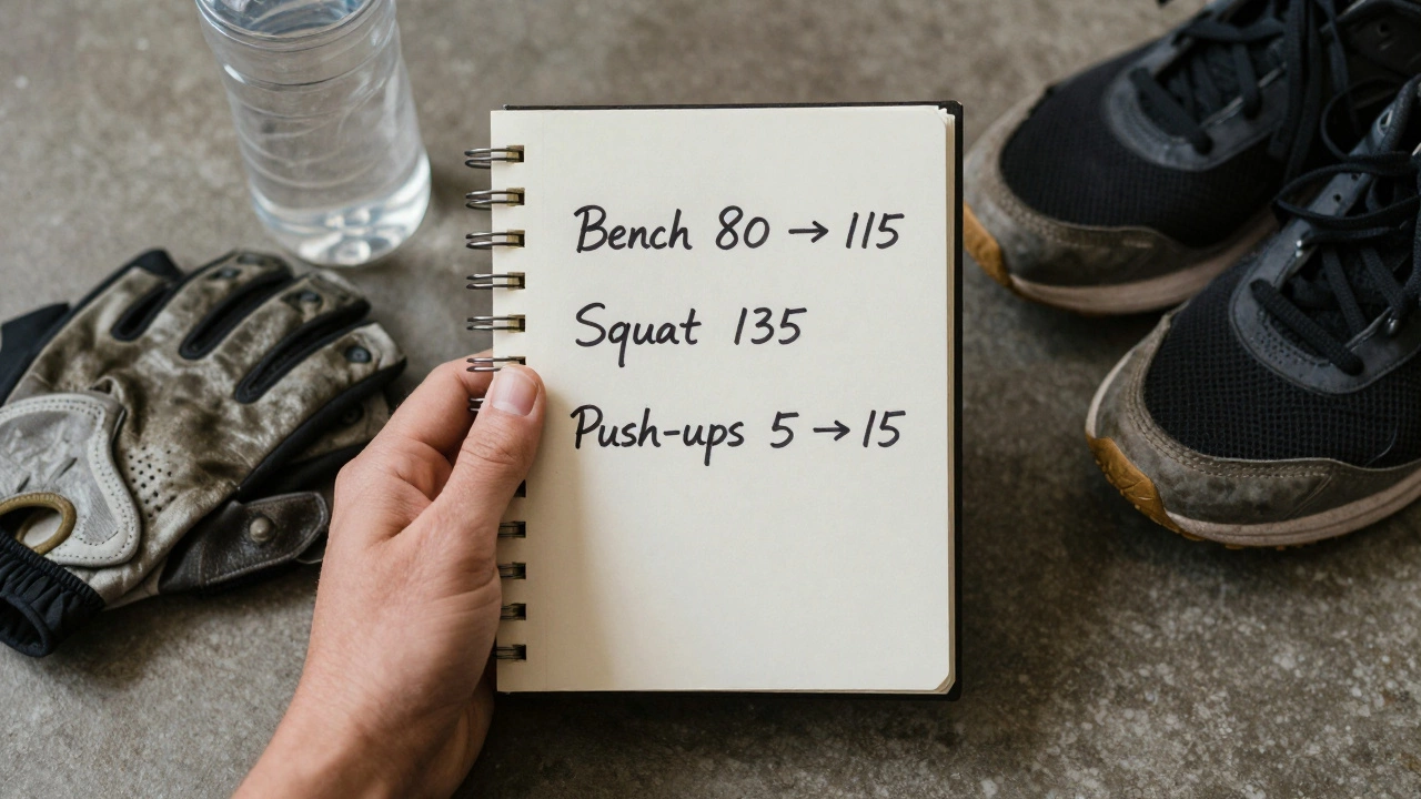 Hand holding notebook with lifted weights and push-up counts, surrounded by gym gloves and sneakers.