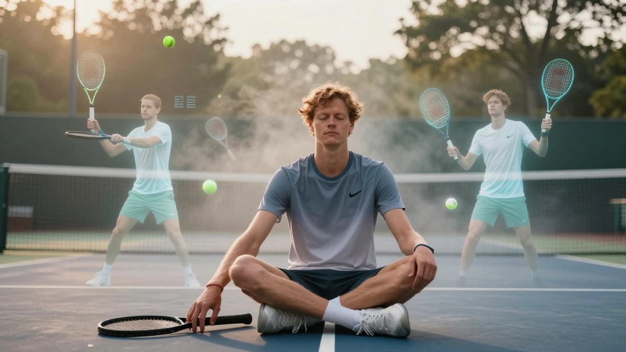 Jannik Sinner meditating on a court at dawn with ghostly match highlights around him.