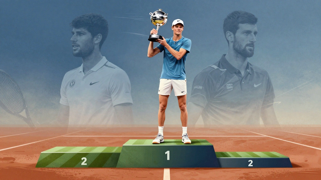 Jannik Sinner standing on a podium of tennis surfaces holding the ATP Finals trophy.
