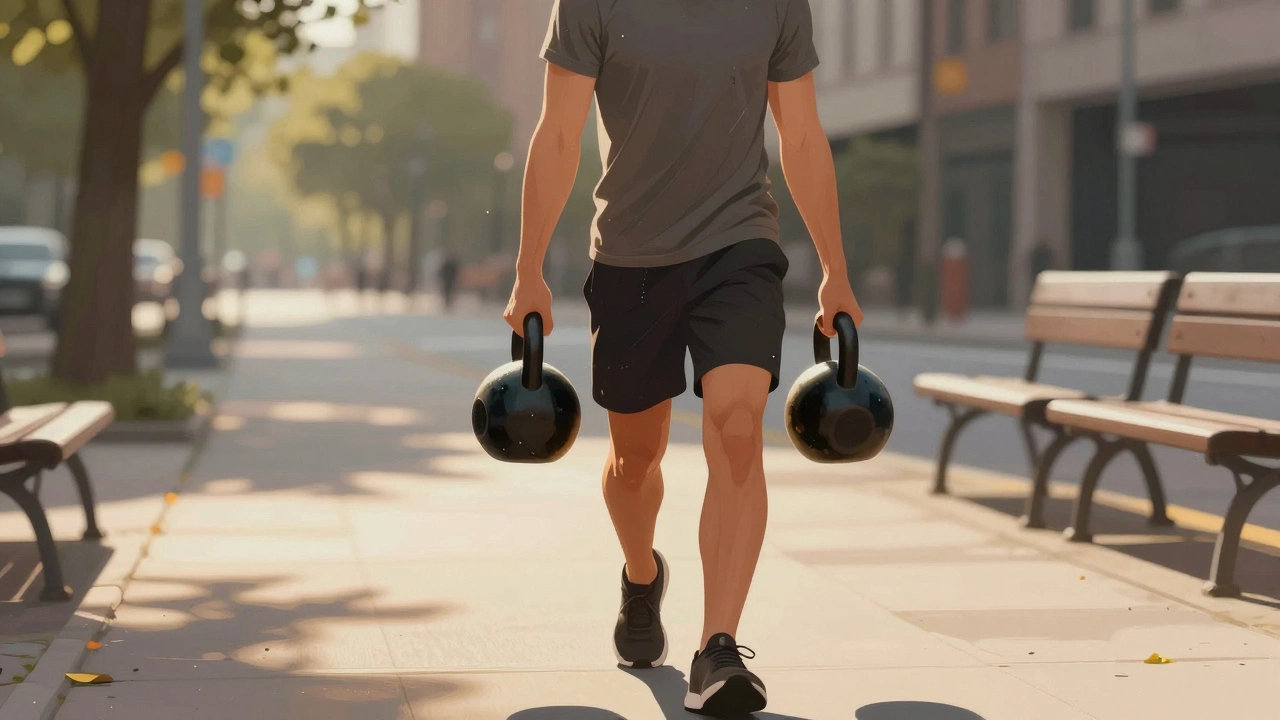 Person walking with kettlebells in urban setting during golden hour.