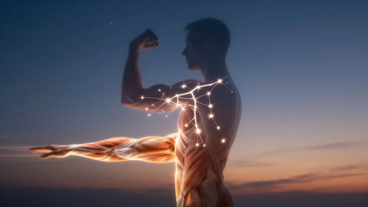 Silhouette showing muscle growth, strength, and rest as three symbolic zones under twilight sky.