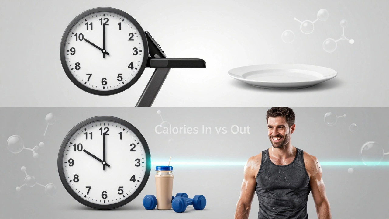 Split image comparing fasted and fed morning workouts with a calorie balance theme.