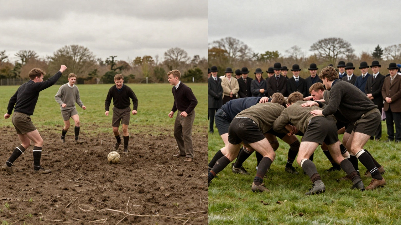 Split scene: working-class soccer players and middle-class rugby players on separate fields in 1895 England.