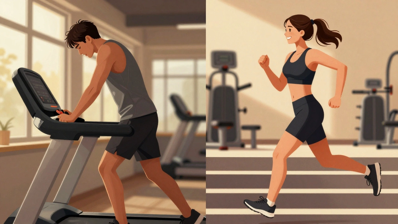 Split-screen showing person struggling on treadmill vs. running stairs confidently, symbolizing progress.