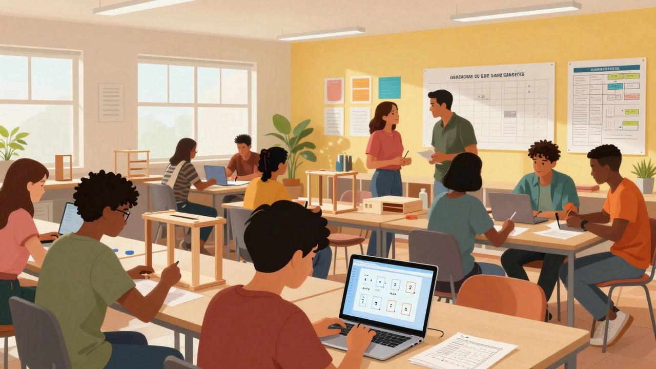 Teenagers learning carpentry and coding together in a bright, modern community learning center.