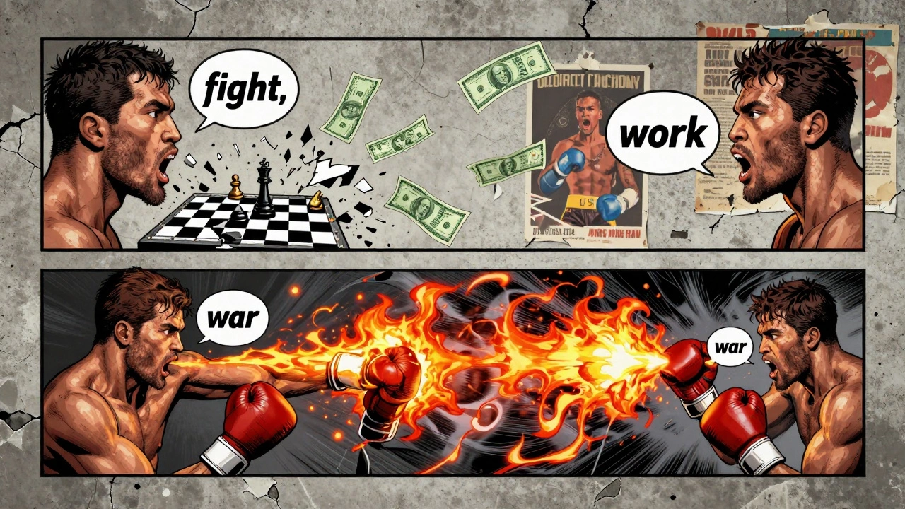 Three explosive words—fight, work, war—emanate from a boxer’s mouth as symbolic scenes of chess, money, and battle surround him.