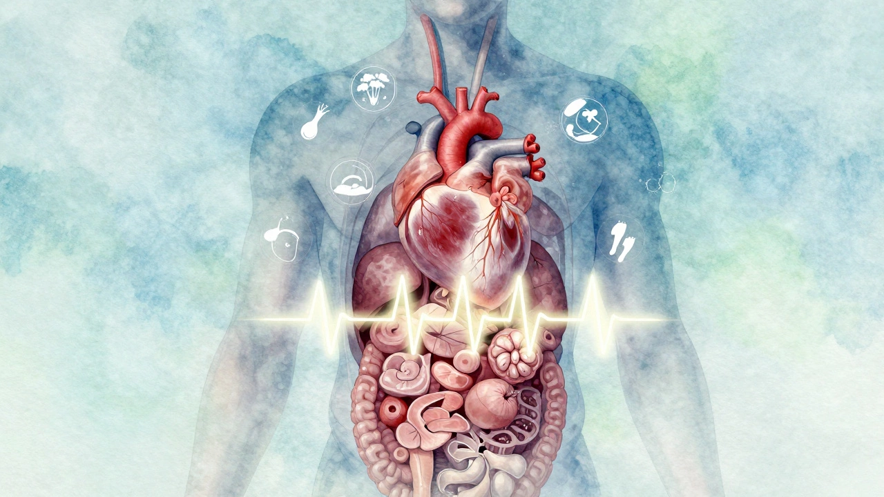 Transparent torso illustration showing organs and healthy lifestyle symbols.