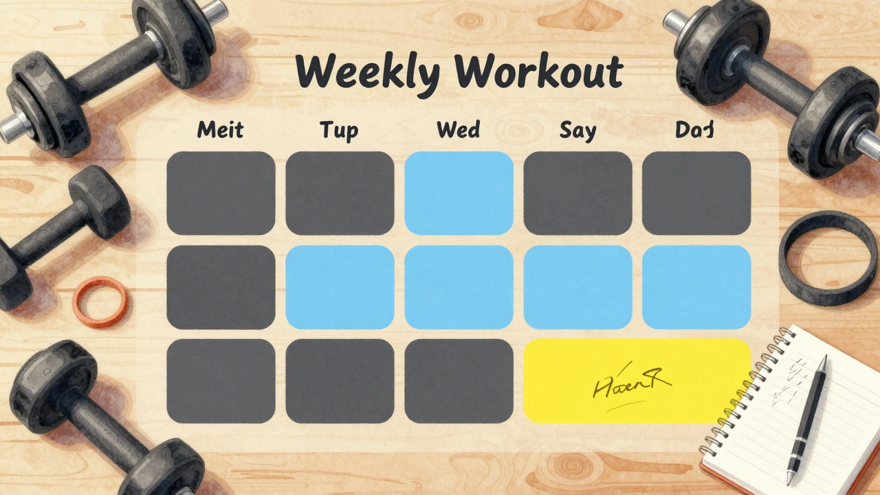Weekly 4-2-1 workout split calendar on wooden table with gym equipment nearby.