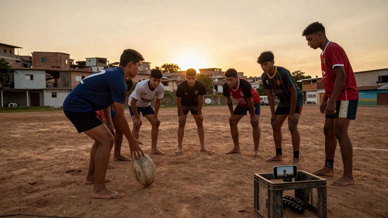 Young rugby players training barefoot on a dirt field with a smartphone playing a tutorial.