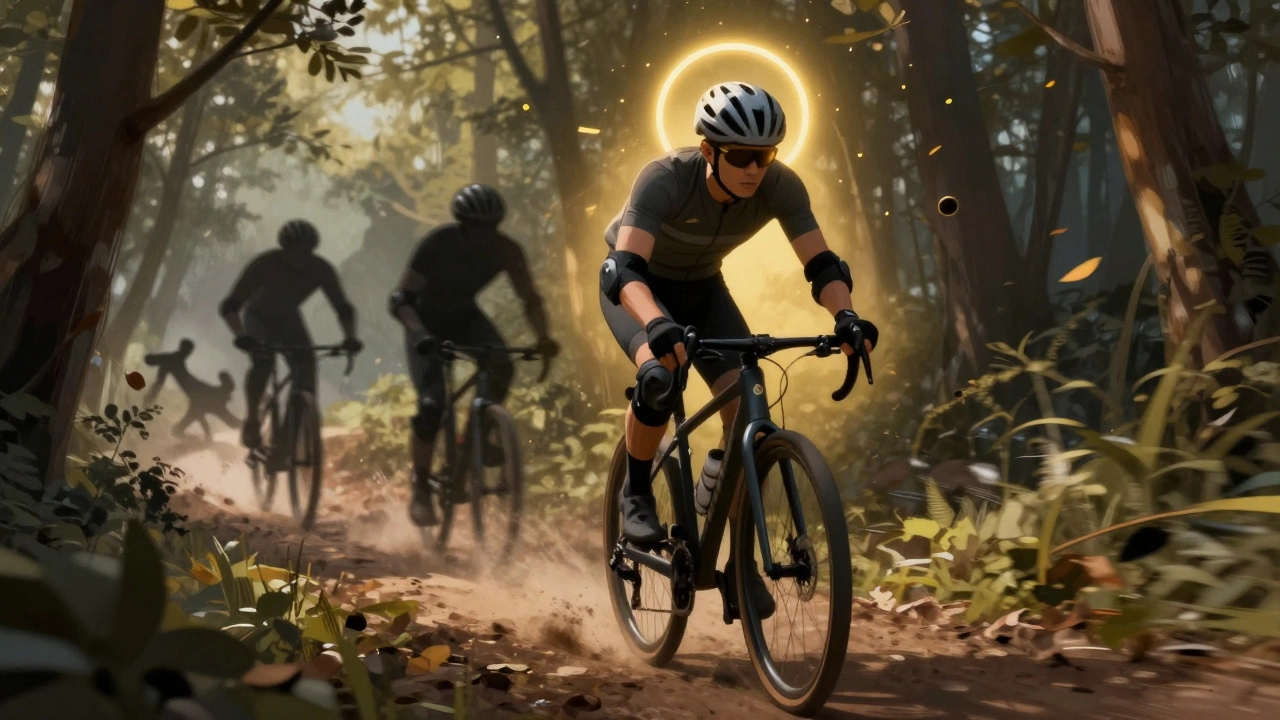 A cyclist in full safety gear riding safely through a trail, while others without protection fall behind.