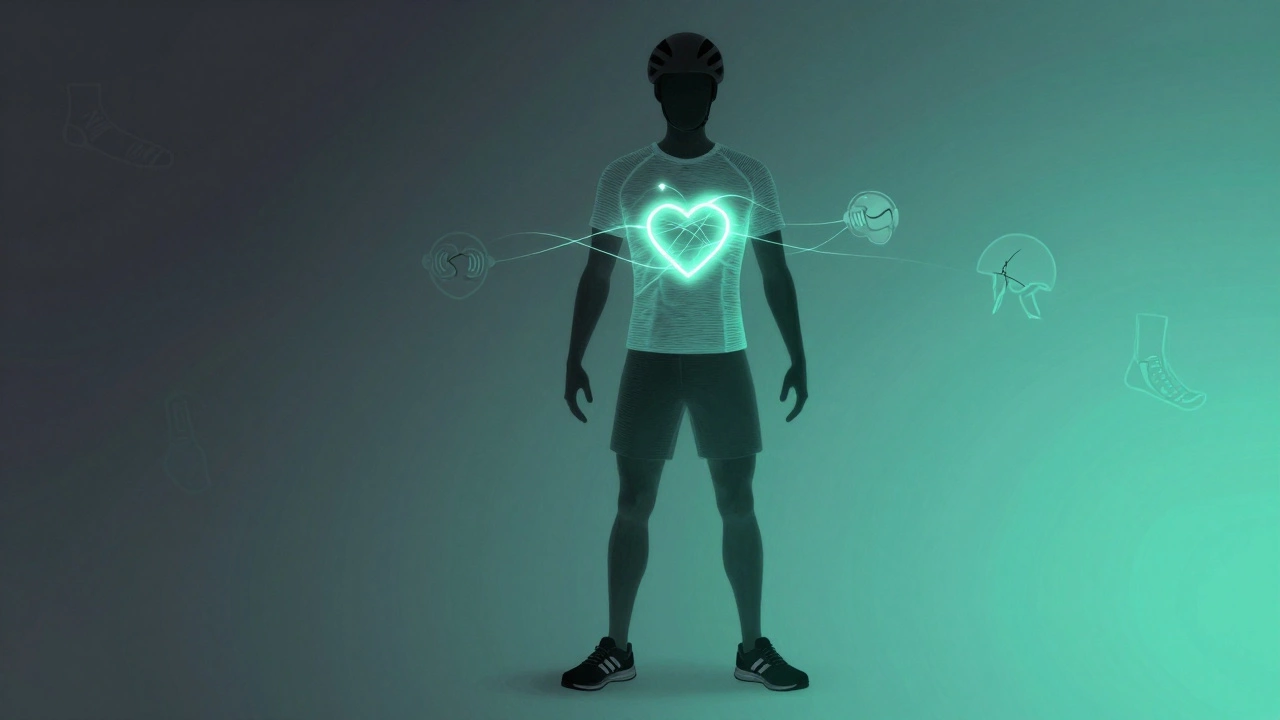 A human silhouette composed of sports gear glowing with energy, symbolizing performance and protection.