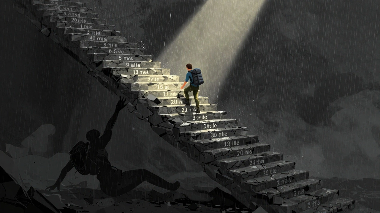 A lone climber ascends a 100-step staircase of training milestones, while a shadowy figure falls trying to skip them.