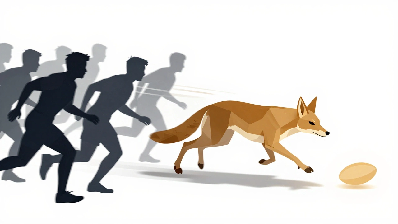 Abstract depiction of a jackal as a predator slipping through players to claim the ball.