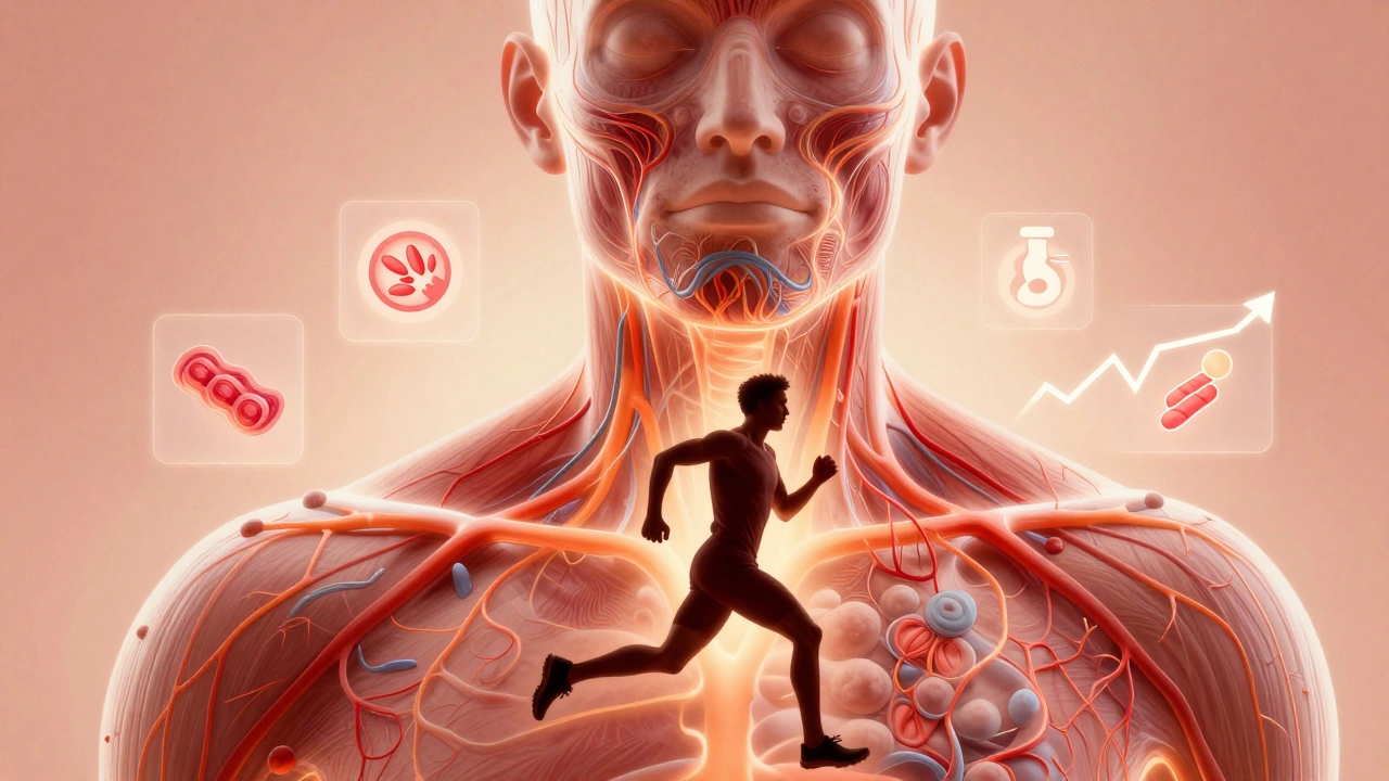 Artistic anatomy illustration showing blood flow and cellular renewal in a runner's skin.