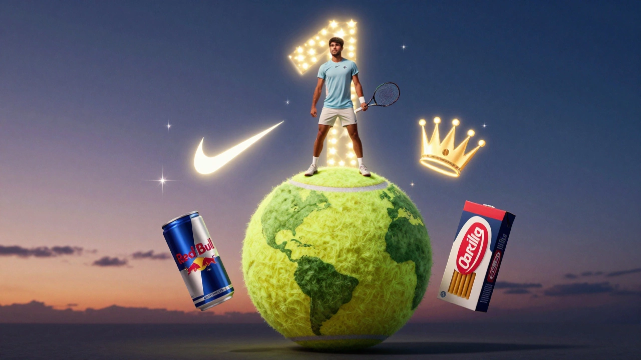Carlos Alcaraz standing on a tennis ball globe surrounded by symbols of his major brand endorsements.