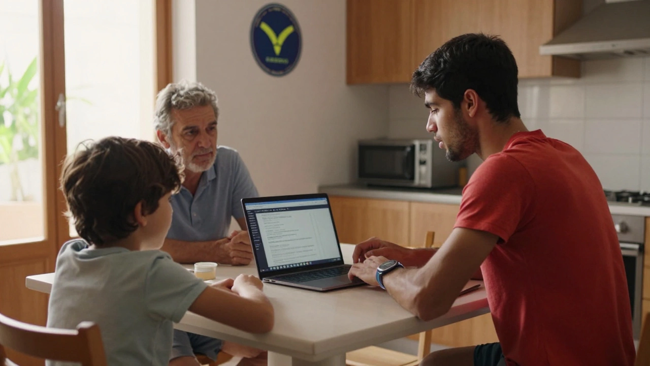 Carlos Alcaraz with his parents at their home in Spain, modest kitchen setting with tennis academy logo on wall.