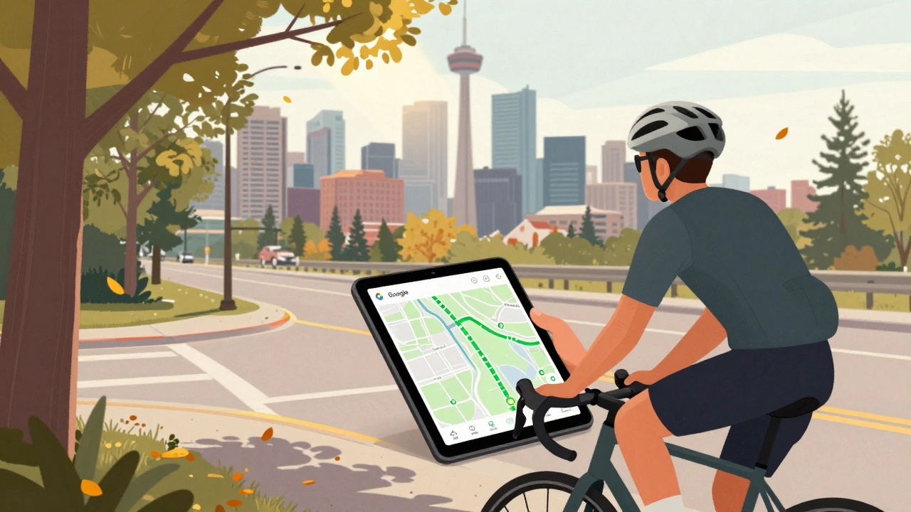 Cyclist checking a map at an intersection with green pathway lines along the Elbow River, autumn leaves falling.