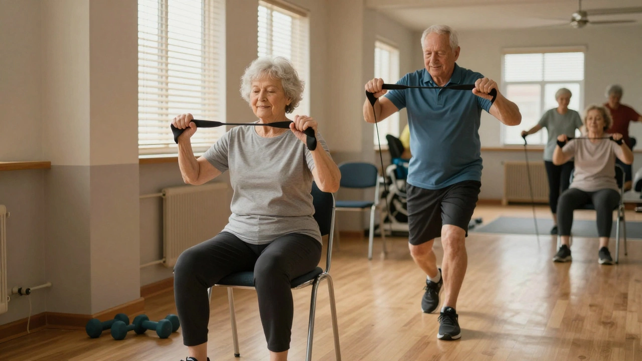 Elderly couple doing seated resistance band exercises and balance training