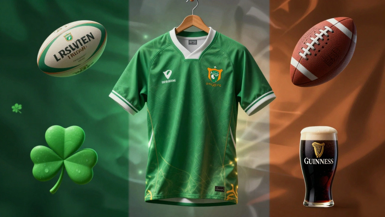 Green Irish rugby jersey surrounded by symbols of Irish culture: ball, shamrock, Guinness, and flag colors.