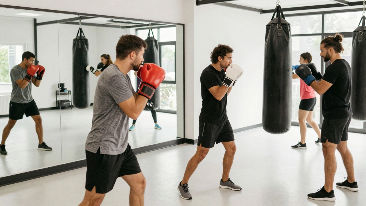 People doing boxing fitness exercises in a studio, shadowboxing and hitting bags without sparring.