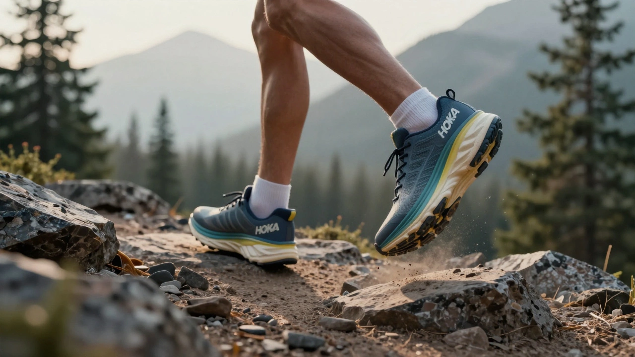 Runner on rocky mountain trail wearing Hoka Speedgoat shoes with thick cushioning floating over stones.