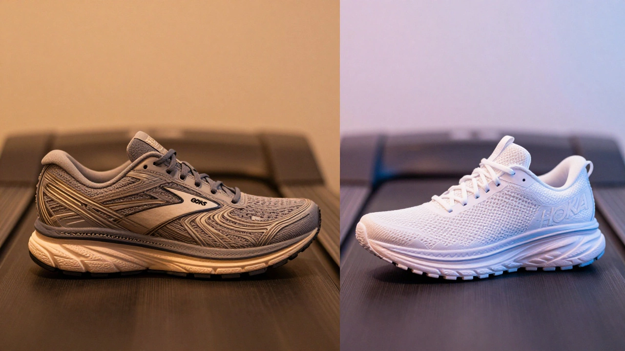 Side-by-side comparison of Brooks Ghost 16 and Hoka Clifton 9 shoes on a treadmill, showing contrast in design.