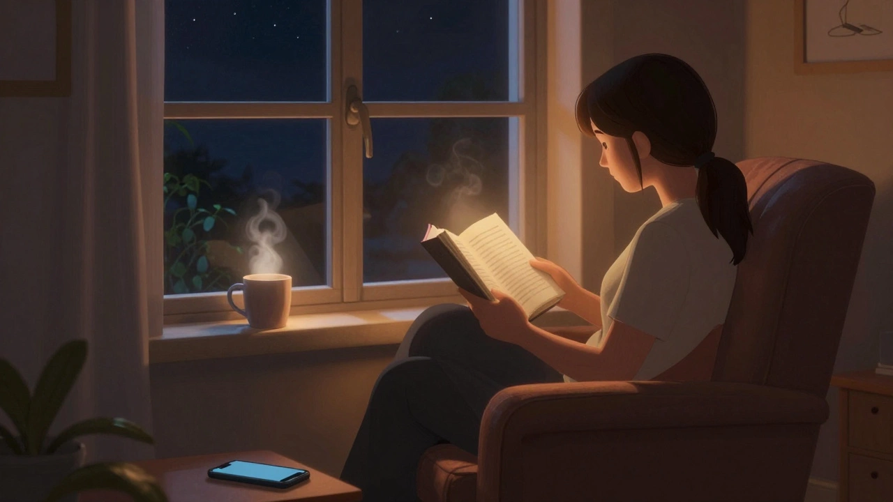 Someone reading a book by lamplight at night, phone on the floor.