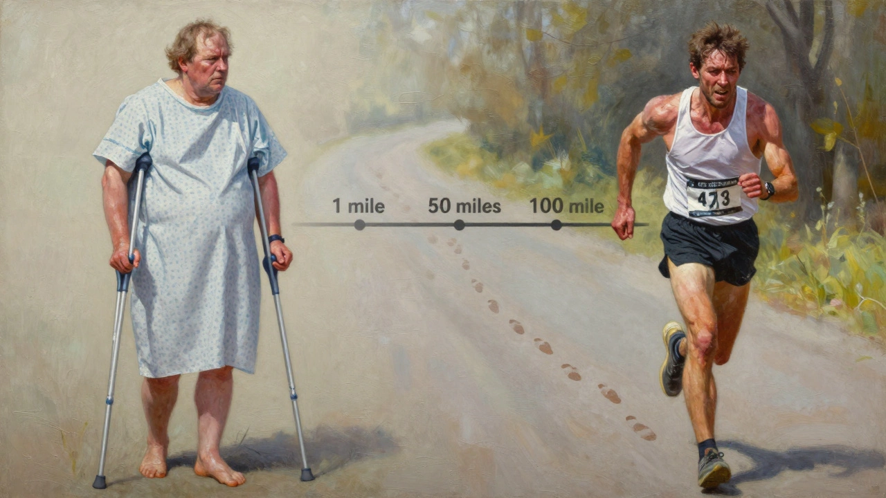 Split image of a man transforming from injured civilian to ultrarunner, with a timeline of increasing mileage.