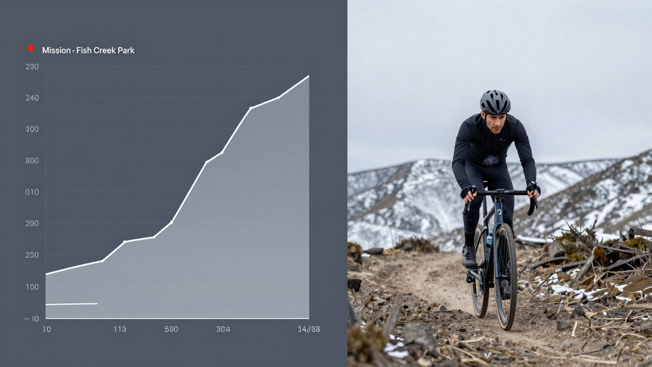 Split-screen: Google Maps elevation graph and cyclist climbing a hilly trail in cold weather.