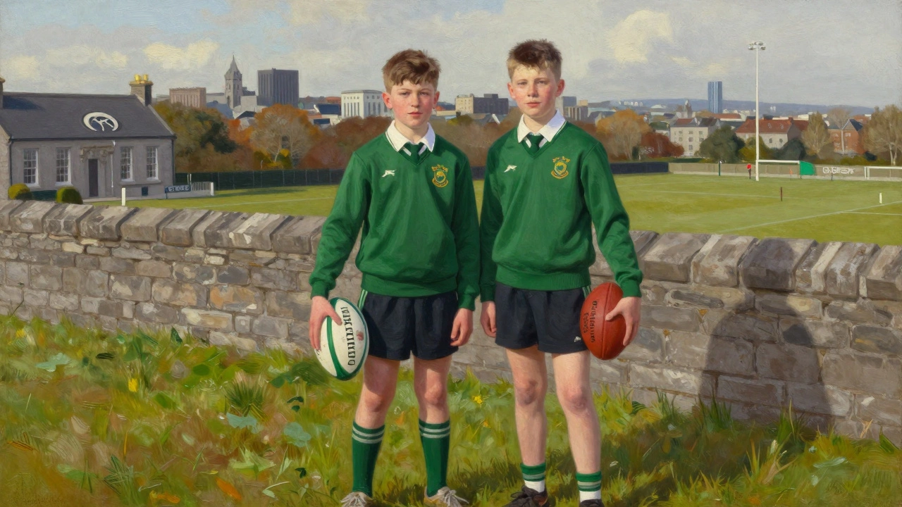 Two Irish boys standing with rugby and Gaelic footballs beside a stone wall under morning light.