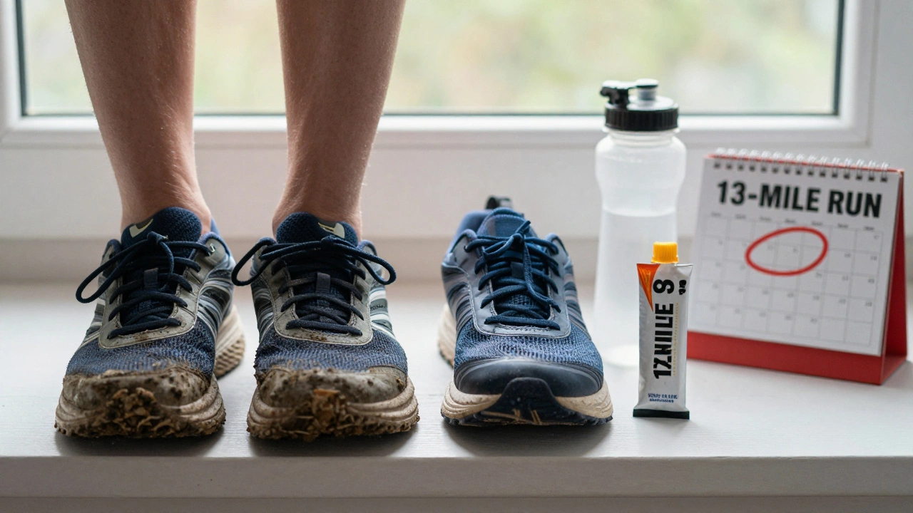 Two pairs of running shoes side by side with training essentials, symbolizing the step from 11 to 13.1 miles.