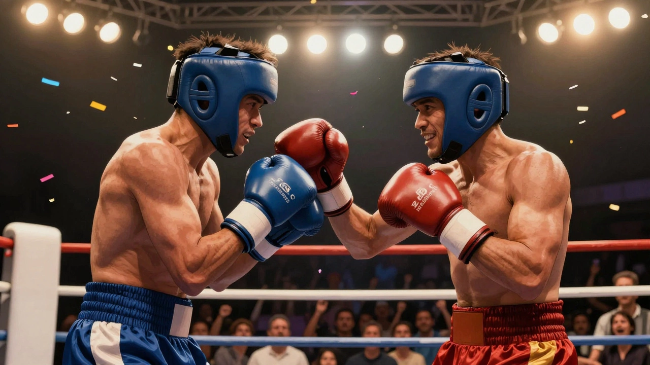 Two veteran boxers in an exhibition match, smiling and touching gloves under arena lights.