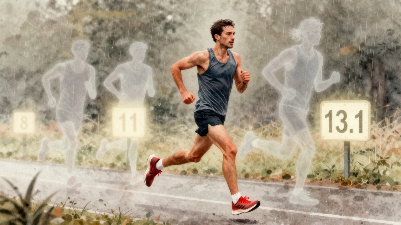 Watercolor illustration of a runner with ghostly images of fatigue and triumph surrounding them during a 13-mile run.