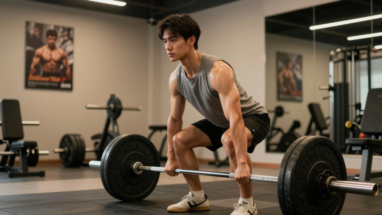 Young adult performing a deadlift with proper form in a modern gym