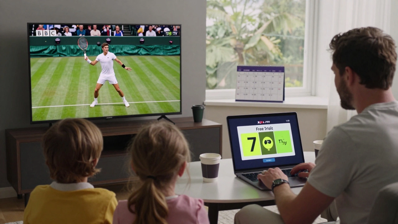 A British family watching Wimbledon on BBC while another fan streams ATP Tennis TV on a laptop with a free trial countdown.