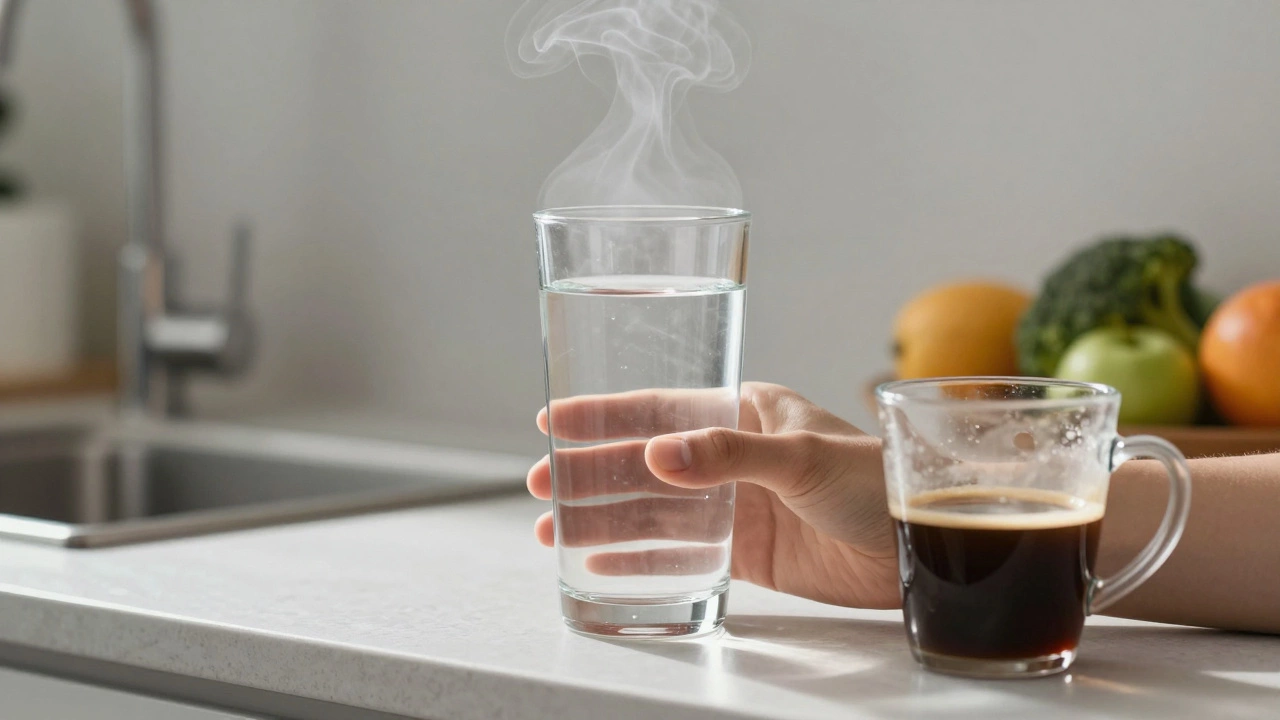 A glass of water placed beside a coffee mug on a kitchen counter with fresh produce in background.